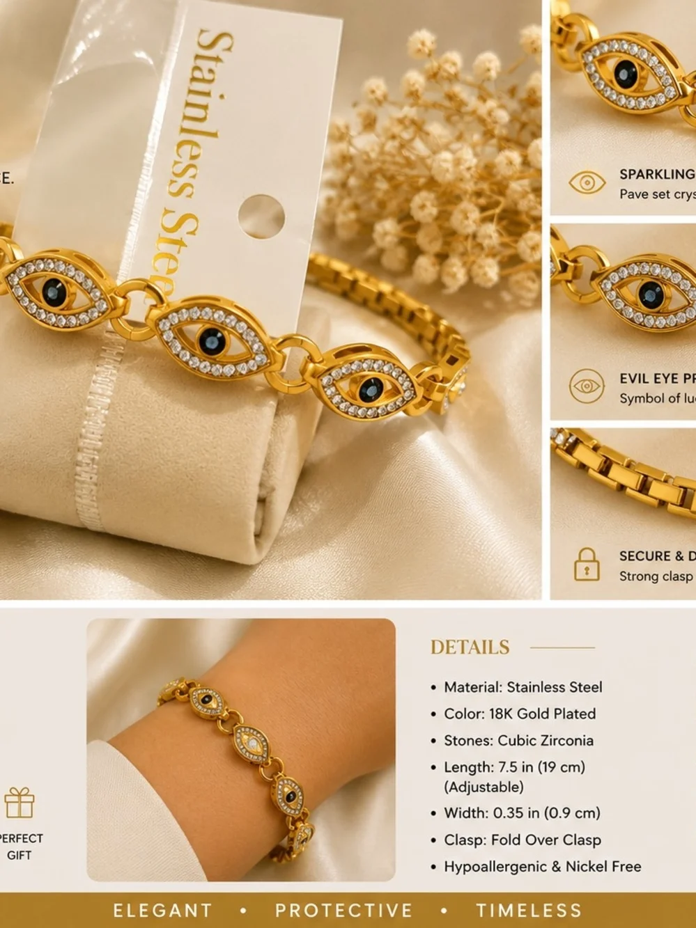 18K Gold Plated Evil Eye Stainless Steel Bracelet - Gold